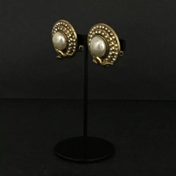 CHANEL Pearl Rhinestone Gold Tone Earrings - Picture 2 of 8